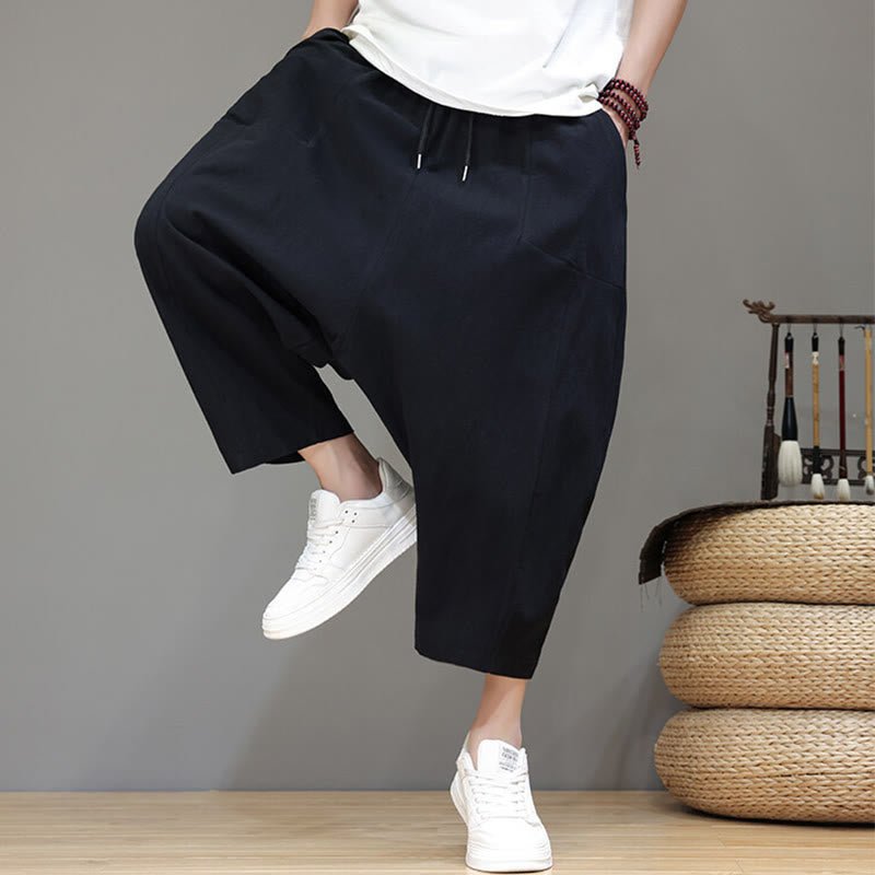 Nimara Ritual Casual Plain Low Crotch Design Drawstring Men's Cotton Elastic Waistband Wide Leg Pants With Pockets