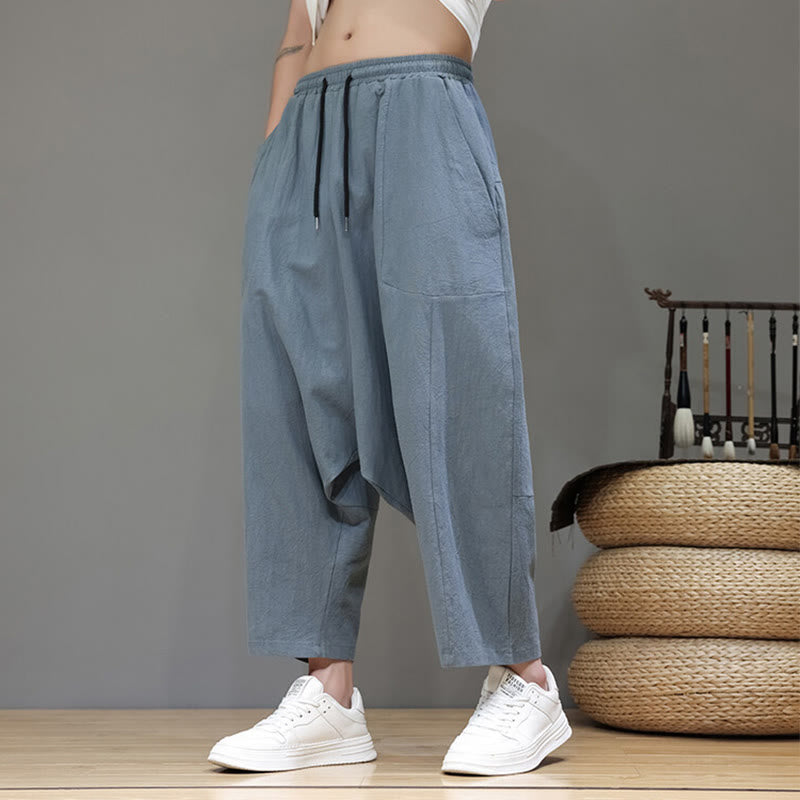 Nimara Ritual Casual Plain Low Crotch Design Drawstring Men's Cotton Elastic Waistband Wide Leg Pants With Pockets