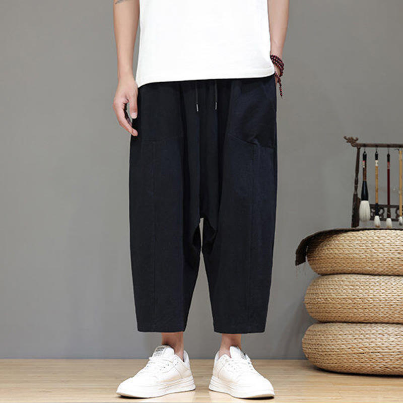 Nimara Ritual Casual Plain Low Crotch Design Drawstring Men's Cotton Elastic Waistband Wide Leg Pants With Pockets