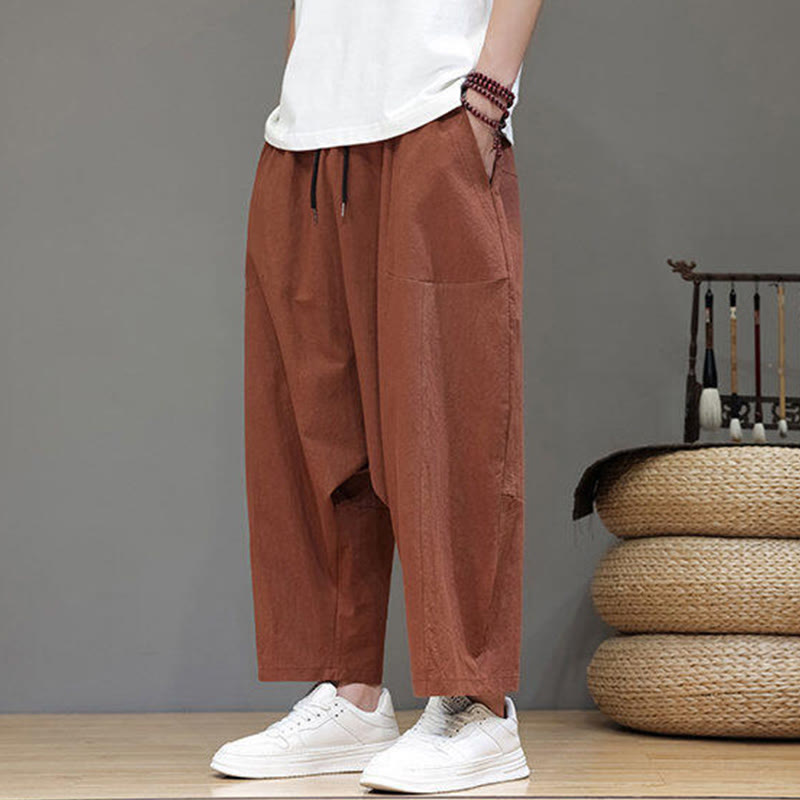 Nimara Ritual Casual Plain Low Crotch Design Drawstring Men's Cotton Elastic Waistband Wide Leg Pants With Pockets