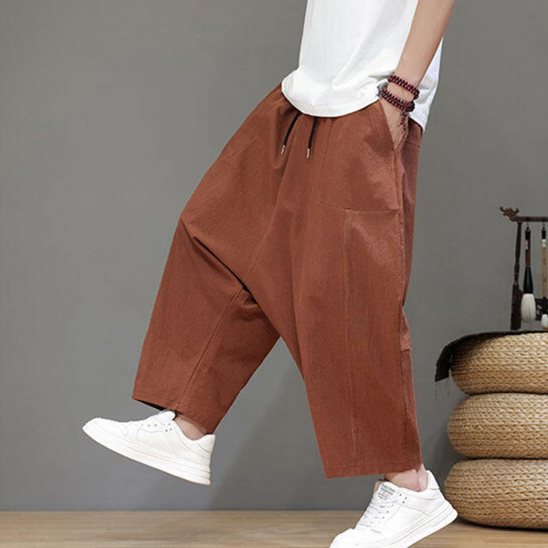 Nimara Ritual Casual Plain Low Crotch Design Drawstring Men's Cotton Elastic Waistband Wide Leg Pants With Pockets
