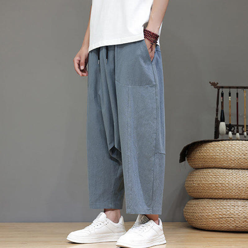 Nimara Ritual Casual Plain Low Crotch Design Drawstring Men's Cotton Elastic Waistband Wide Leg Pants With Pockets
