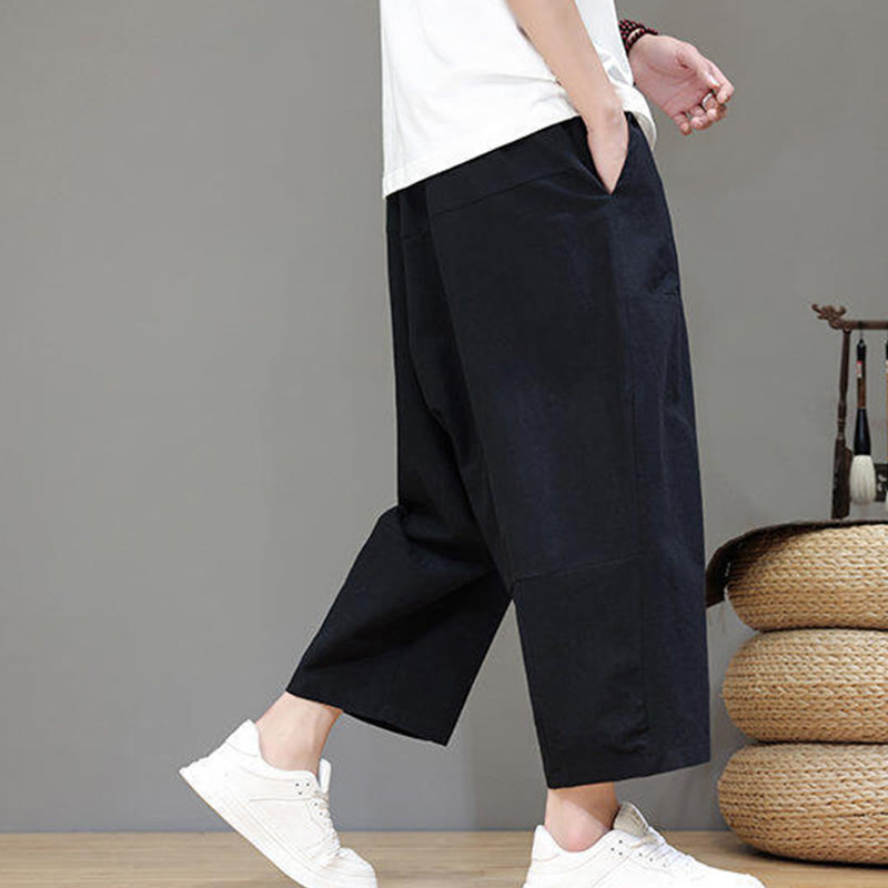 Nimara Ritual Casual Plain Low Crotch Design Drawstring Men's Cotton Elastic Waistband Wide Leg Pants With Pockets