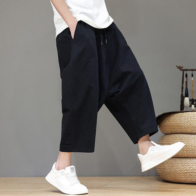 Nimara Ritual Casual Plain Low Crotch Design Drawstring Men's Cotton Elastic Waistband Wide Leg Pants With Pockets