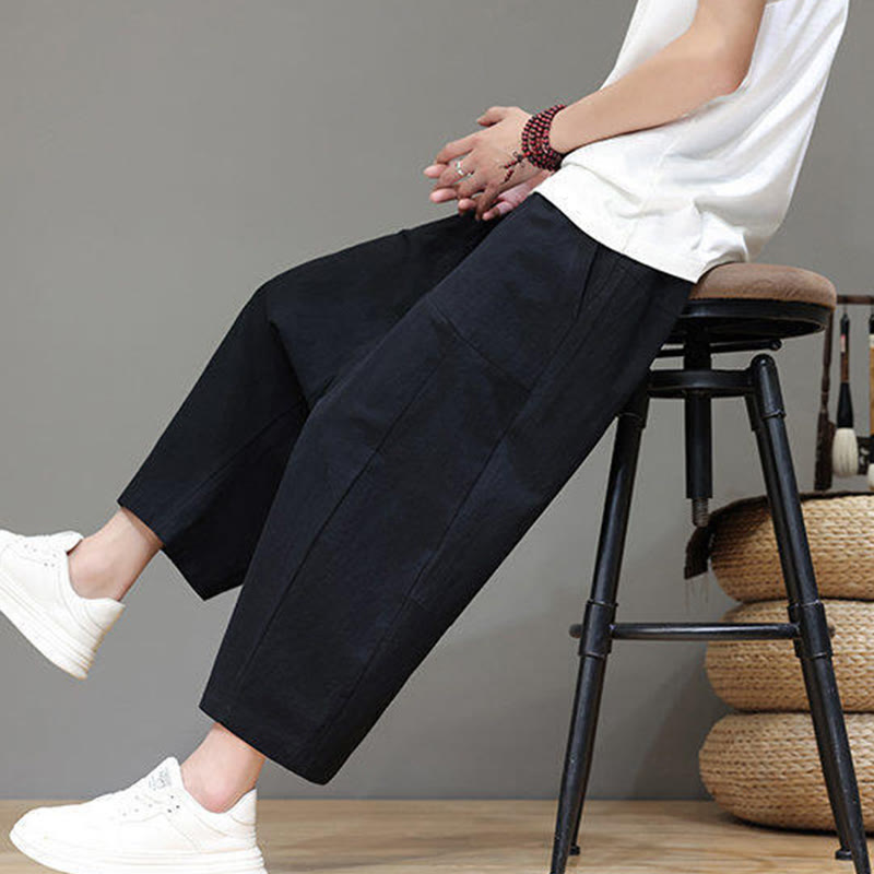Nimara Ritual Casual Plain Low Crotch Design Drawstring Men's Cotton Elastic Waistband Wide Leg Pants With Pockets