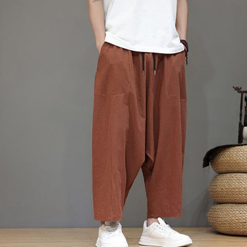 Nimara Ritual Casual Plain Low Crotch Design Drawstring Men's Cotton Elastic Waistband Wide Leg Pants With Pockets