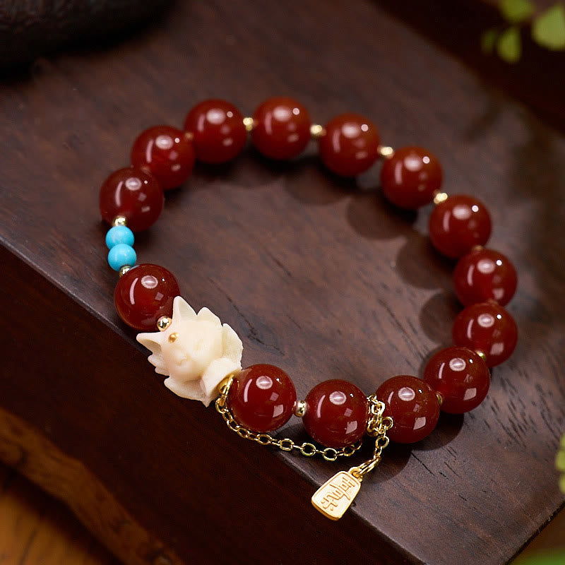 Nimara Ritual Nine Tailed Fox Joy Red Agate Ivory Fruit Copper Plated Gold Confidence Bracelet
