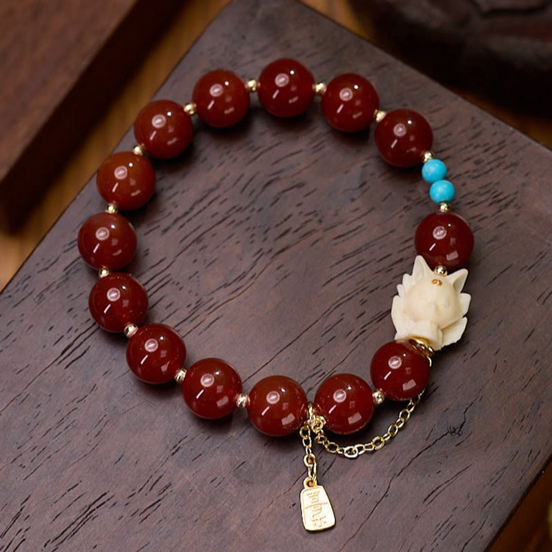 Nimara Ritual Nine Tailed Fox Joy Red Agate Ivory Fruit Copper Plated Gold Confidence Bracelet