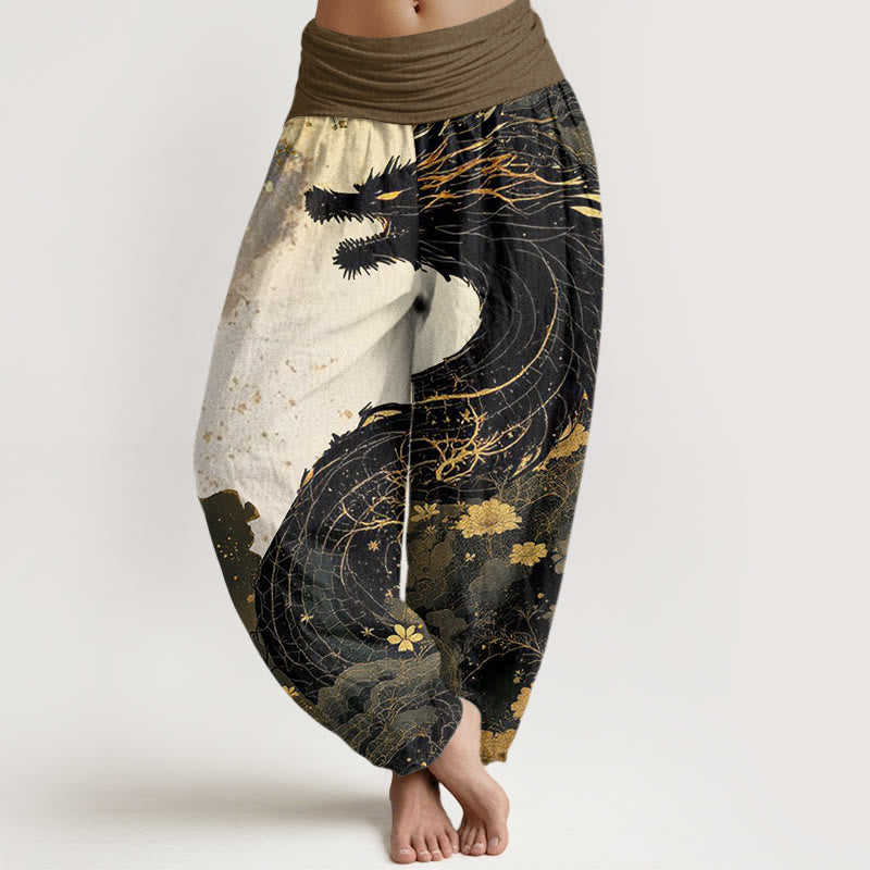 Nimara Ritual Cotton Casual Dragon Ancient Tree Pattern Women's Elastic Waist Harem Pants