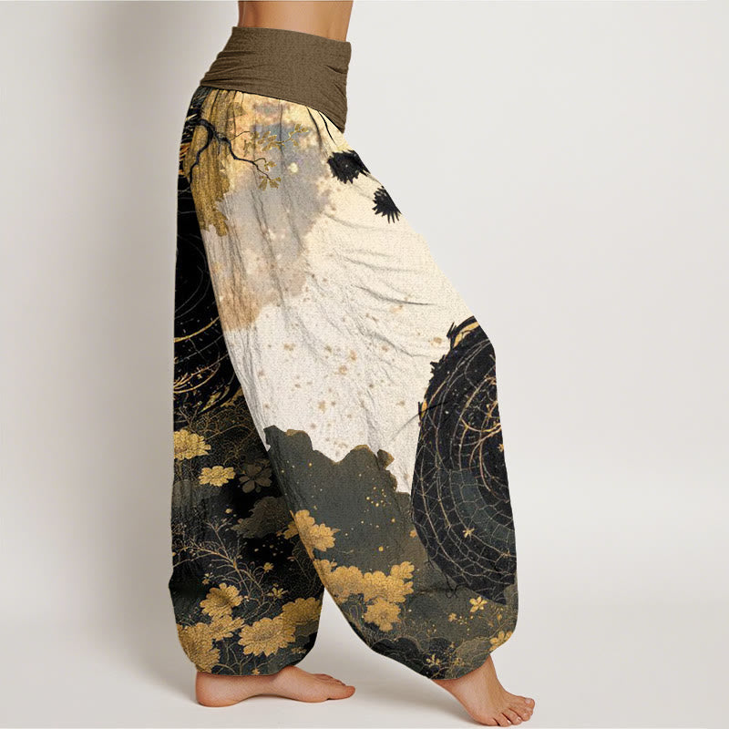 Nimara Ritual Cotton Casual Dragon Ancient Tree Pattern Women's Elastic Waist Harem Pants