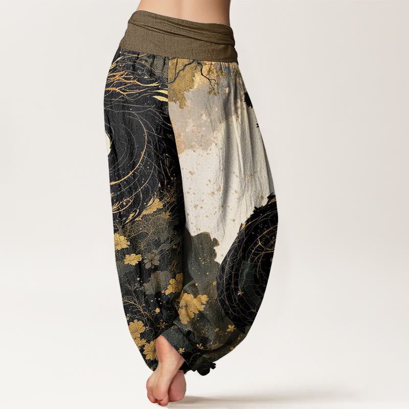 Nimara Ritual Cotton Casual Dragon Ancient Tree Pattern Women's Elastic Waist Harem Pants