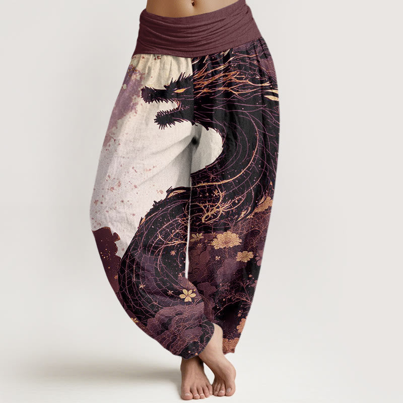 Nimara Ritual Cotton Casual Dragon Ancient Tree Pattern Women's Elastic Waist Harem Pants