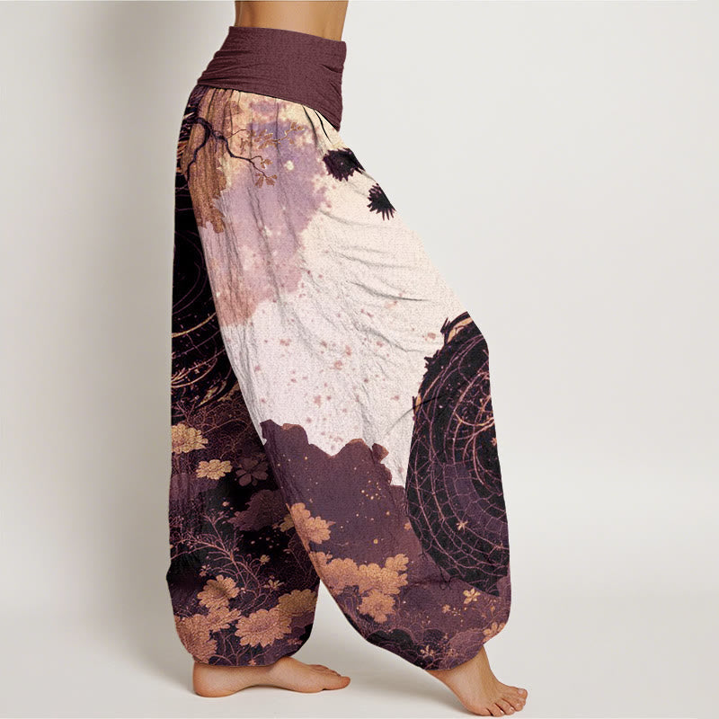 Nimara Ritual Cotton Casual Dragon Ancient Tree Pattern Women's Elastic Waist Harem Pants