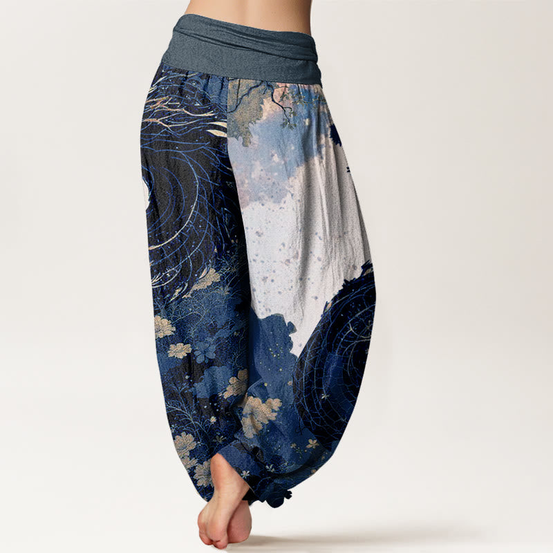 Nimara Ritual Cotton Casual Dragon Ancient Tree Pattern Women's Elastic Waist Harem Pants