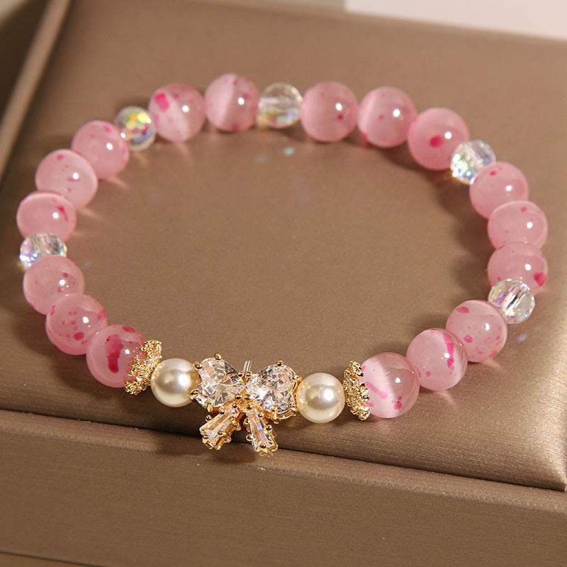 Nimara Ritual Cherry Blossom Pink Cat's Eye Pearl Bow-knot Rosette Support Bracelet