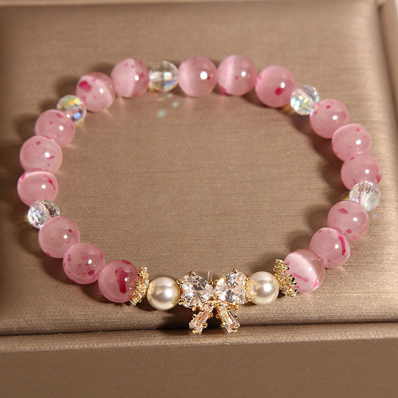 Nimara Ritual Cherry Blossom Pink Cat's Eye Pearl Bow-knot Rosette Support Bracelet