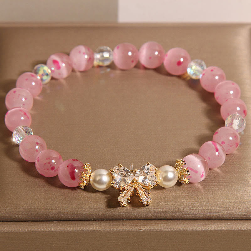 Nimara Ritual Cherry Blossom Pink Cat's Eye Pearl Bow-knot Rosette Support Bracelet