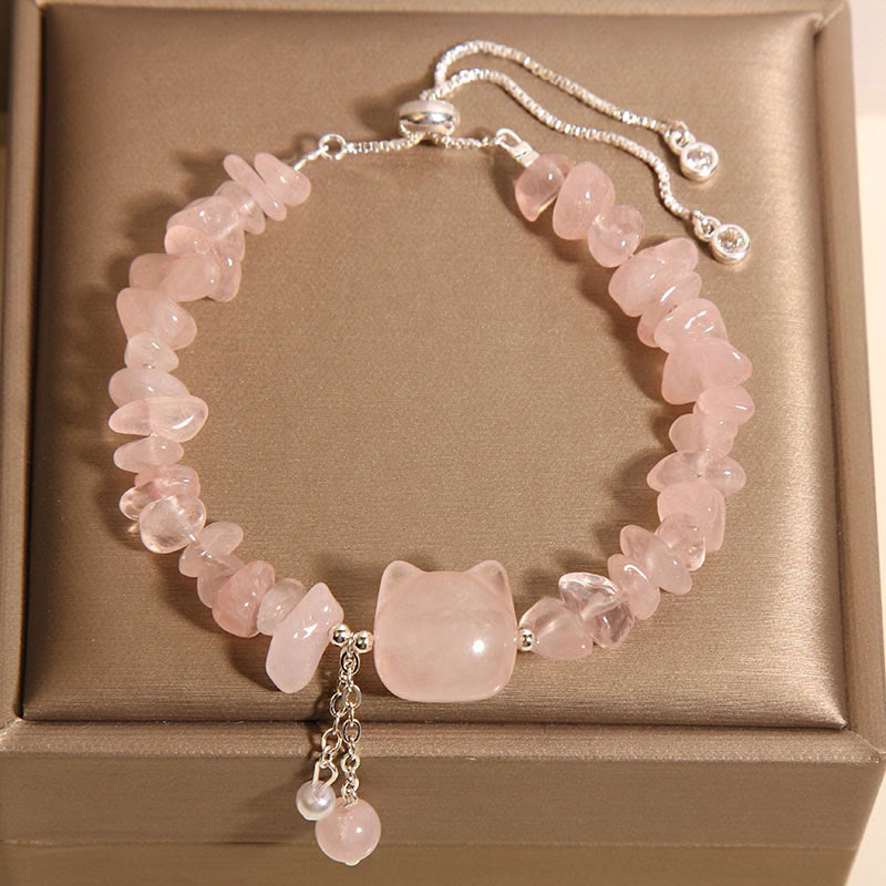 Nimara Ritual Natural Pink Crystal Agate Gravel Stone Cat Head Soothing Bracelet