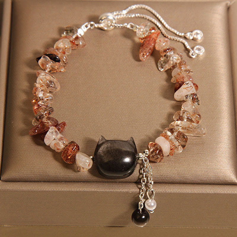 Nimara Ritual Natural Pink Crystal Agate Gravel Stone Cat Head Soothing Bracelet