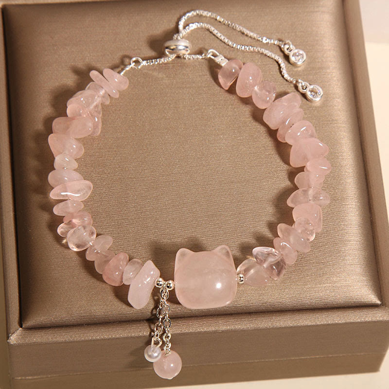 Nimara Ritual Natural Pink Crystal Agate Gravel Stone Cat Head Soothing Bracelet