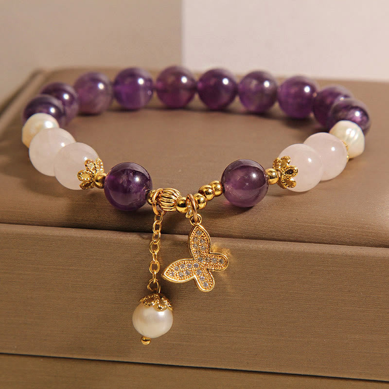 Nimara Ritual Natural Amethyst Pearl Crystal Spiritual Healing Butterfly Charm Bracelet