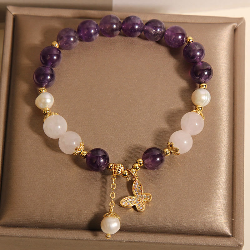 Nimara Ritual Natural Amethyst Pearl Crystal Spiritual Healing Butterfly Charm Bracelet