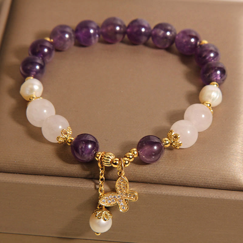 Nimara Ritual Natural Amethyst Pearl Crystal Spiritual Healing Butterfly Charm Bracelet