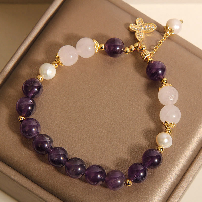 Nimara Ritual Natural Amethyst Pearl Crystal Spiritual Healing Butterfly Charm Bracelet