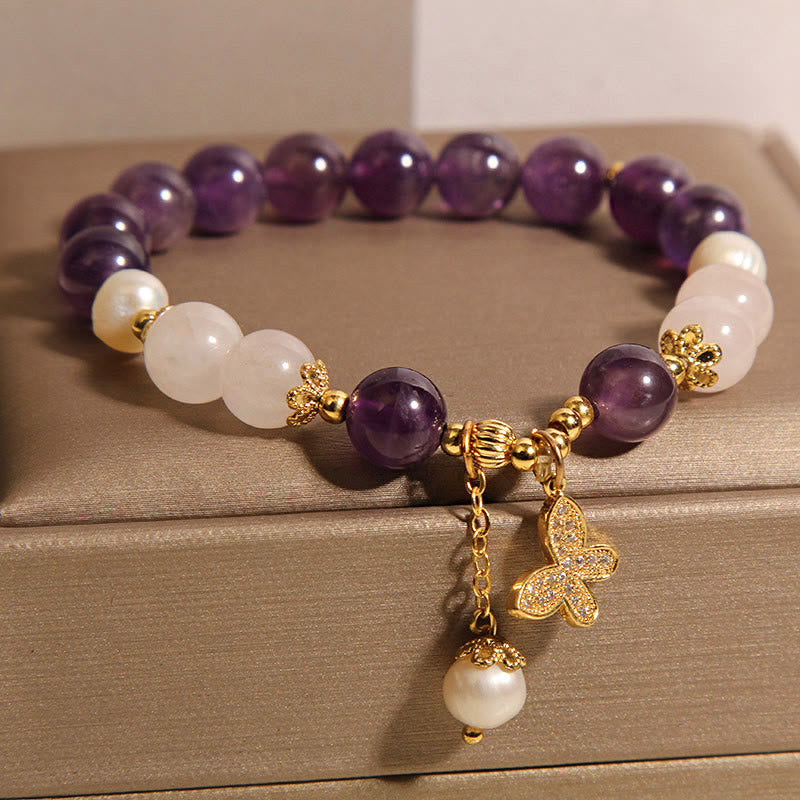 Nimara Ritual Natural Amethyst Pearl Crystal Spiritual Healing Butterfly Charm Bracelet