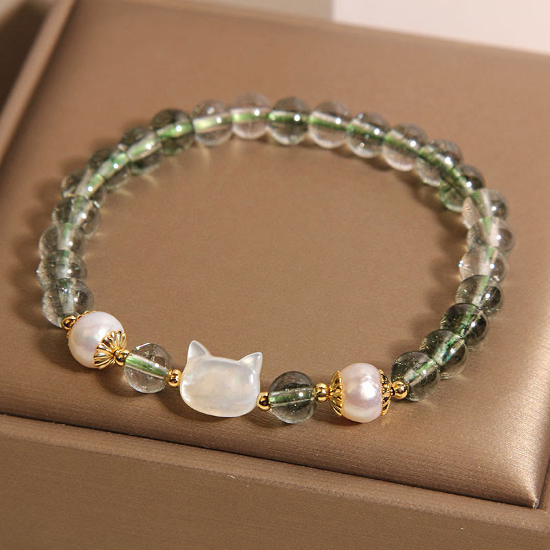 Nimara Ritual Natural Green Phantom Pearl Shell Cat Head Lucky Bracelet