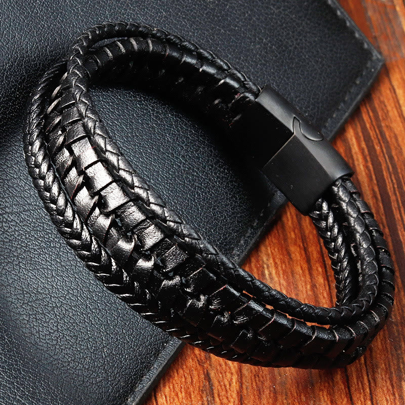 Nimara Ritual Simple Braided Pattern Titanium Steel Strengthen Multi-layer Leather Buckle Bracelet