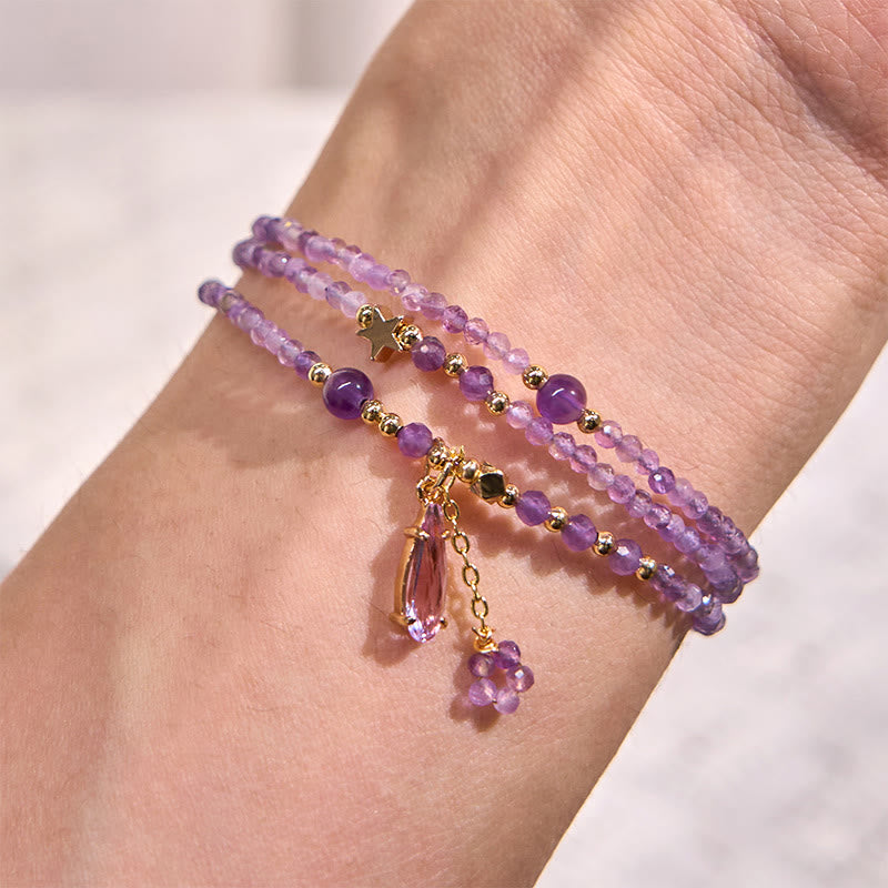 Nimara Ritual Natural Amethyst Water Drop Star Meditation Triple Wrap Bracelet