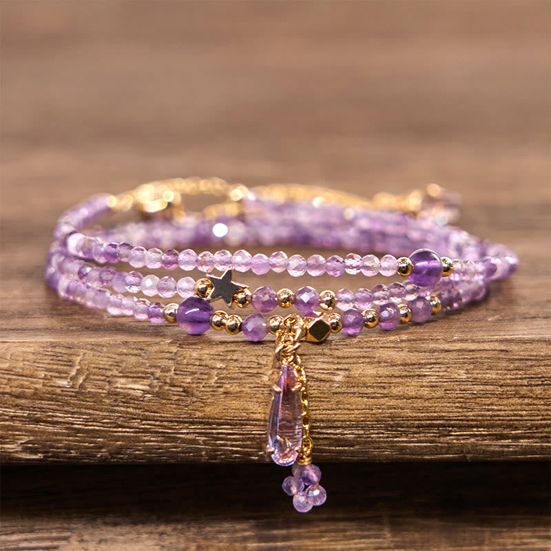 Nimara Ritual Natural Amethyst Water Drop Star Meditation Triple Wrap Bracelet