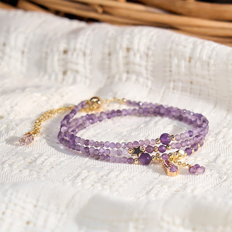 Nimara Ritual Natural Amethyst Water Drop Star Meditation Triple Wrap Bracelet