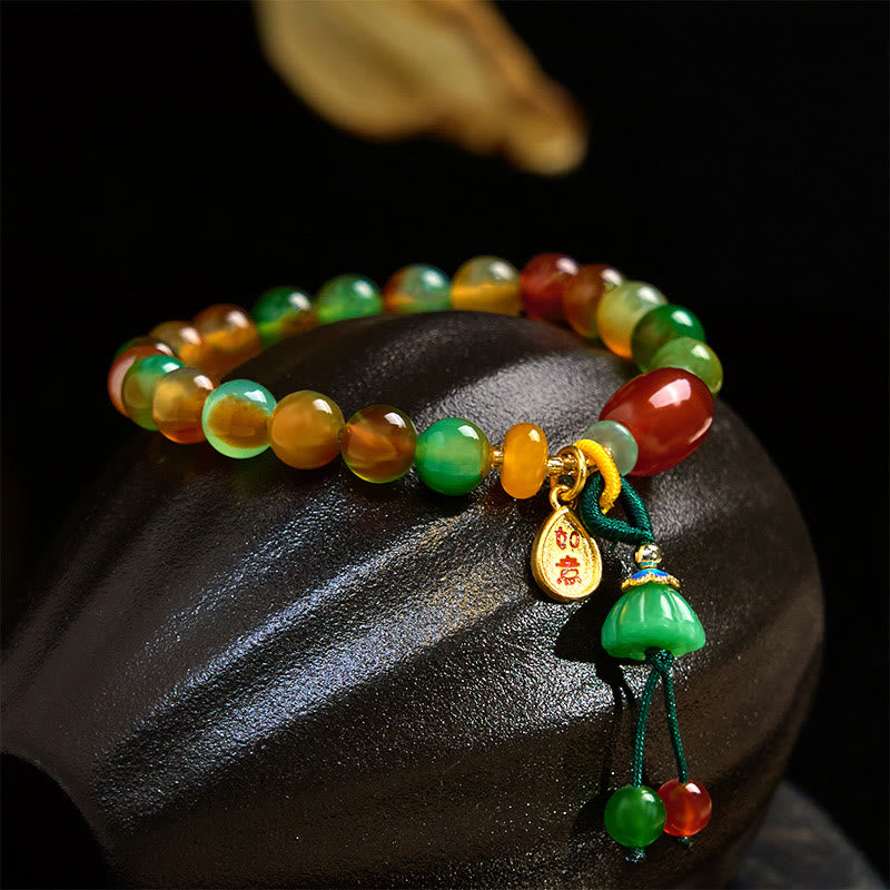 Nimara Ritual Natural Colorful Peacock Agate Chalcedony Ruyi As One Wishes Charm Courage Bracelet