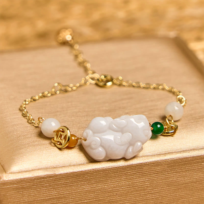 Nimara Ritual Natural Jade PiXiu Carved Copper Coin Luck Chain Bracelet