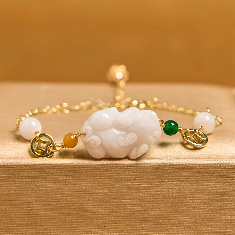 Nimara Ritual Natural Jade PiXiu Carved Copper Coin Luck Chain Bracelet