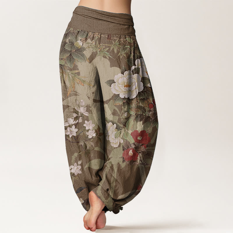 Nimara Ritual Pure Cotton Casual Peony Flowers Leaves Magpie Women's Elastic Waist Harem Pants