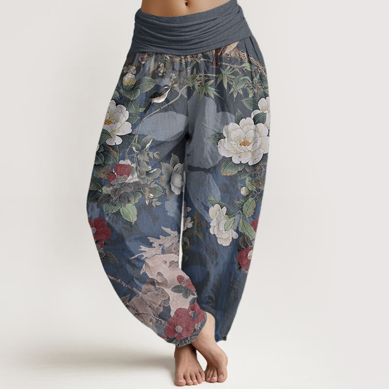 Nimara Ritual Pure Cotton Casual Peony Flowers Leaves Magpie Women's Elastic Waist Harem Pants