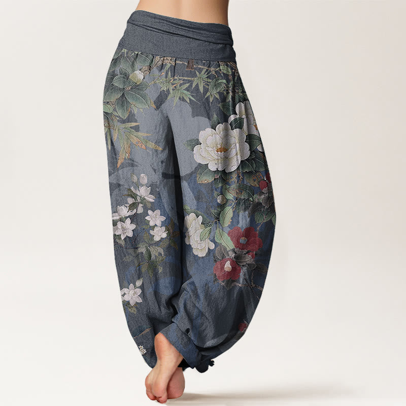 Nimara Ritual Pure Cotton Casual Peony Flowers Leaves Magpie Women's Elastic Waist Harem Pants