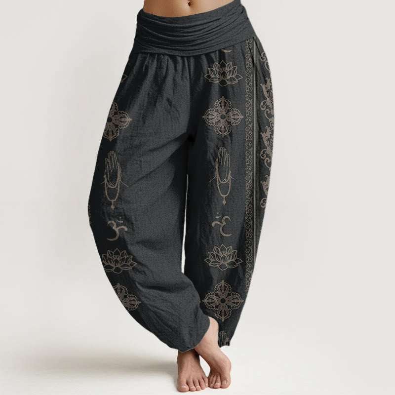 Nimara Ritual Pure Cotton Lotus Flowers Double Dorje Vajra Namaste Om Design Women's Elastic Waist Harem Pants