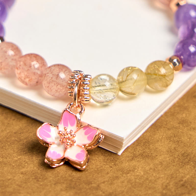 Nimara Ritual Natural Strawberry Quartz Amethyst Citrine Love Flower Charm Key Chain Hanging Decoration