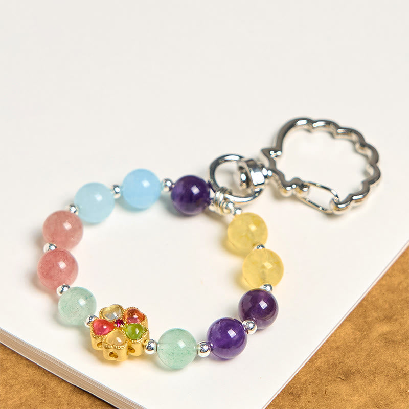 Nimara Ritual Natural Strawberry Quartz Amethyst Citrine Aquamarine Flower Key Chain Hanging Decoration