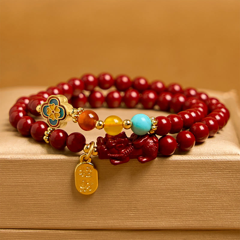 Nimara Ritual Cinnabar PiXiu Fu Character Blessing Double Wrap Bracelet