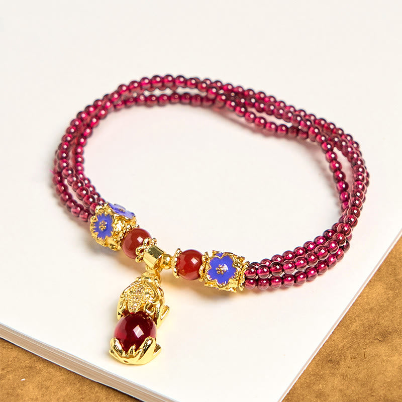 Nimara Ritual Natural 3mm Garnet Beads PiXiu Flower Purification Multilayer Bracelet