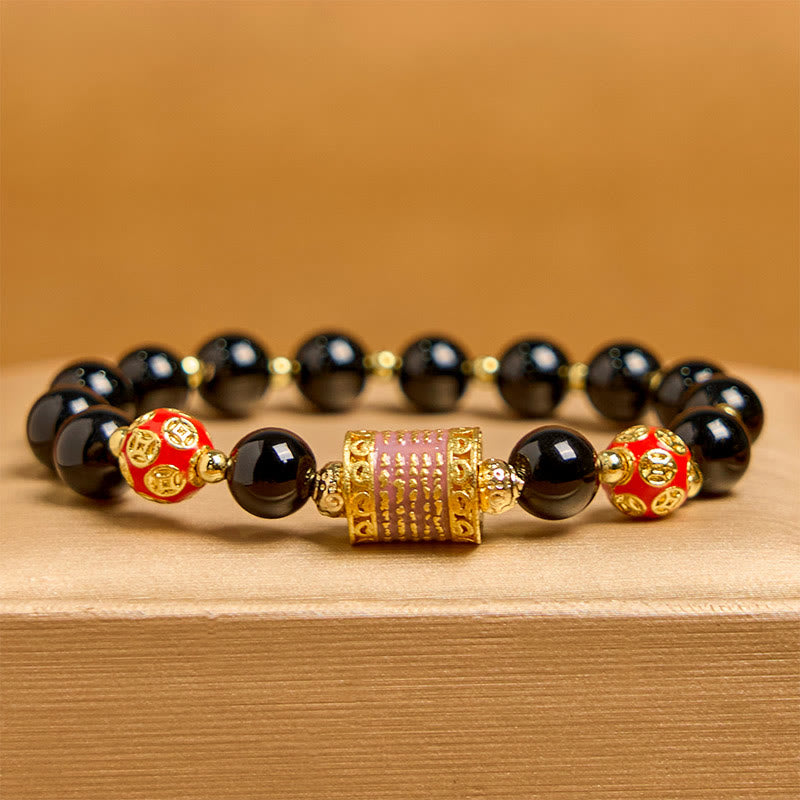 Nimara Ritual Natural Black Onyx Five Scripture Copper Coins Fortune Bracelet