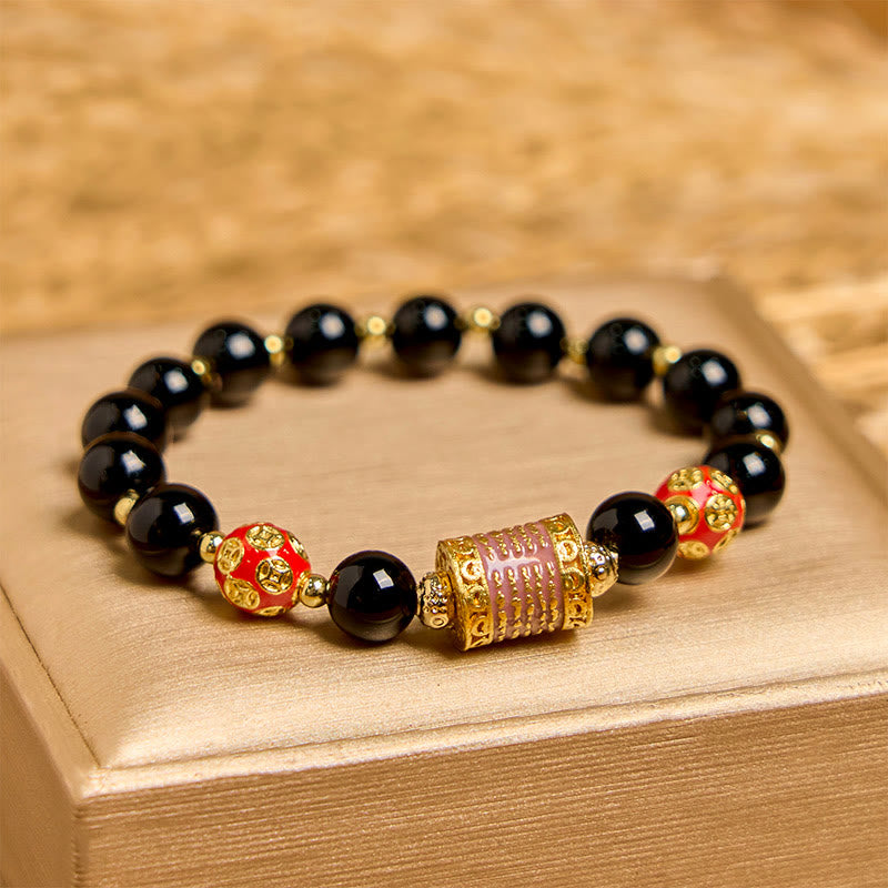 Nimara Ritual Natural Black Onyx Five Scripture Copper Coins Fortune Bracelet