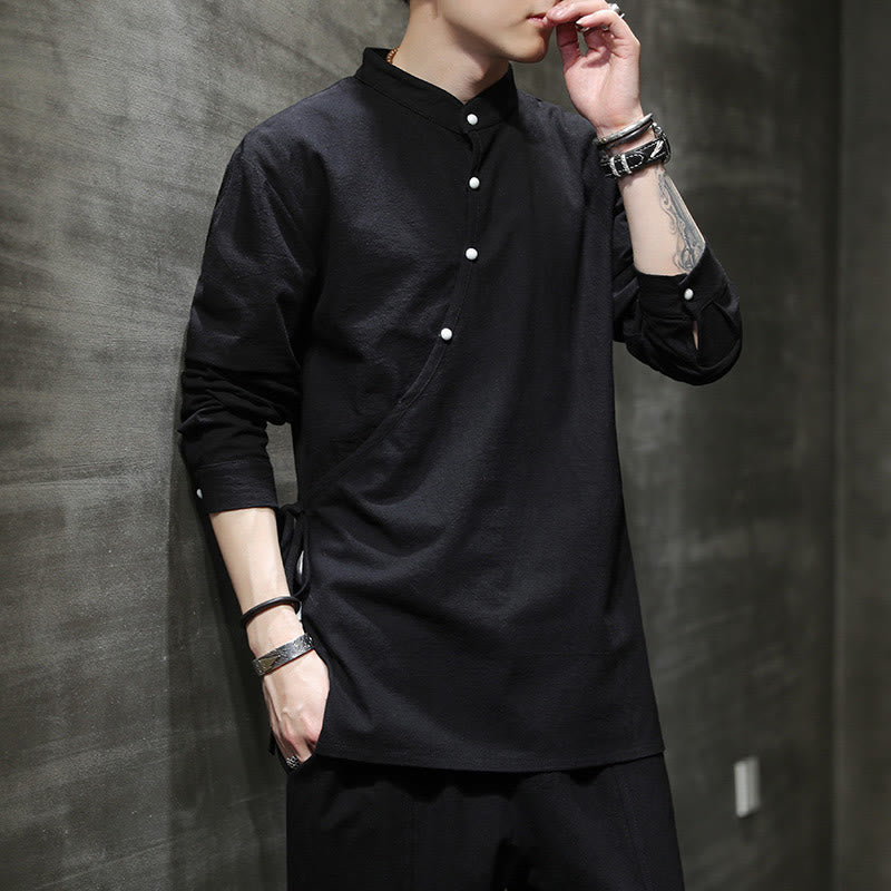 Nimara Ritual Plain Lace-Up Simple Button Design Men's Long Sleeve Cotton Linen Shirt Clothing