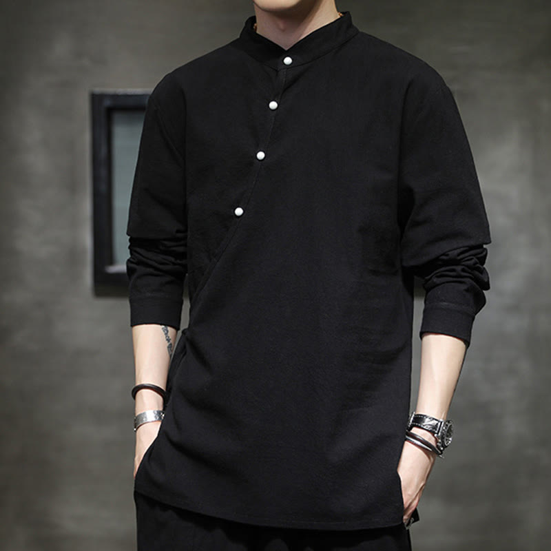 Nimara Ritual Plain Lace-Up Simple Button Design Men's Long Sleeve Cotton Linen Shirt Clothing