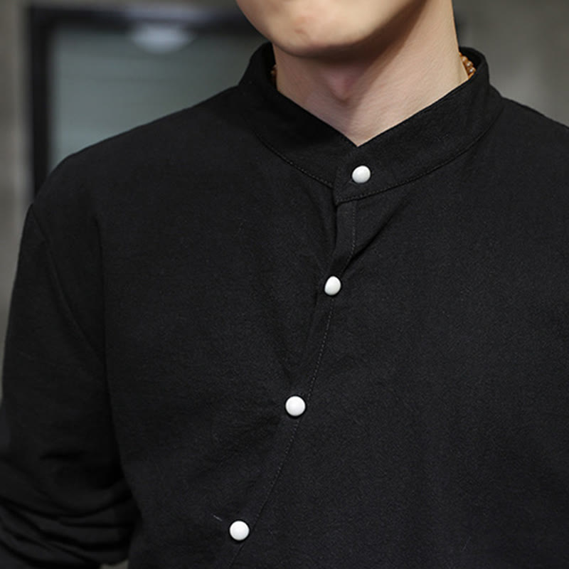Nimara Ritual Plain Lace-Up Simple Button Design Men's Long Sleeve Cotton Linen Shirt Clothing